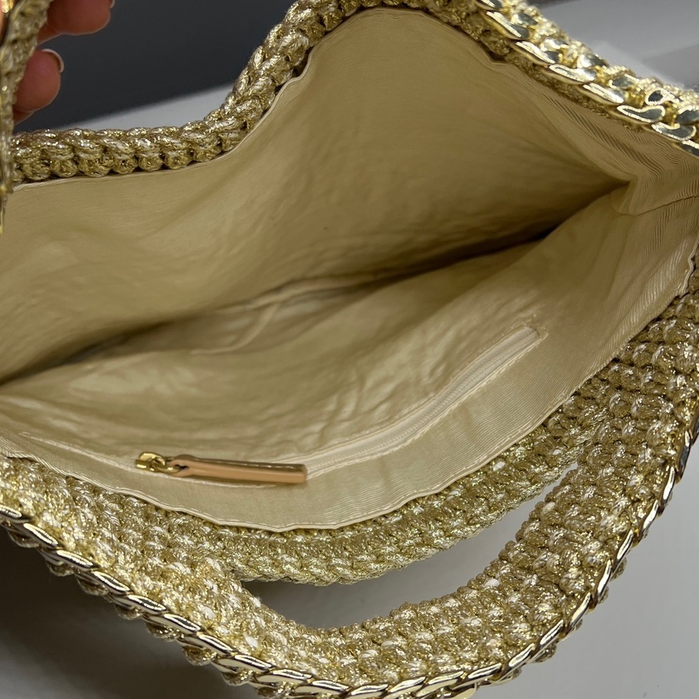Lilly Pulitzer Beige Straw and Gold Crochet Chain Trim Hand Flat Tote Clutch Bag - Picture 6 of 9